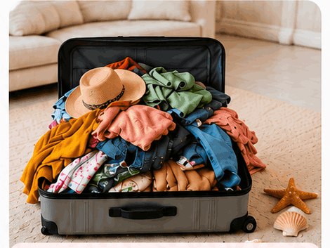 Avant : une valise encombrée de vêtements